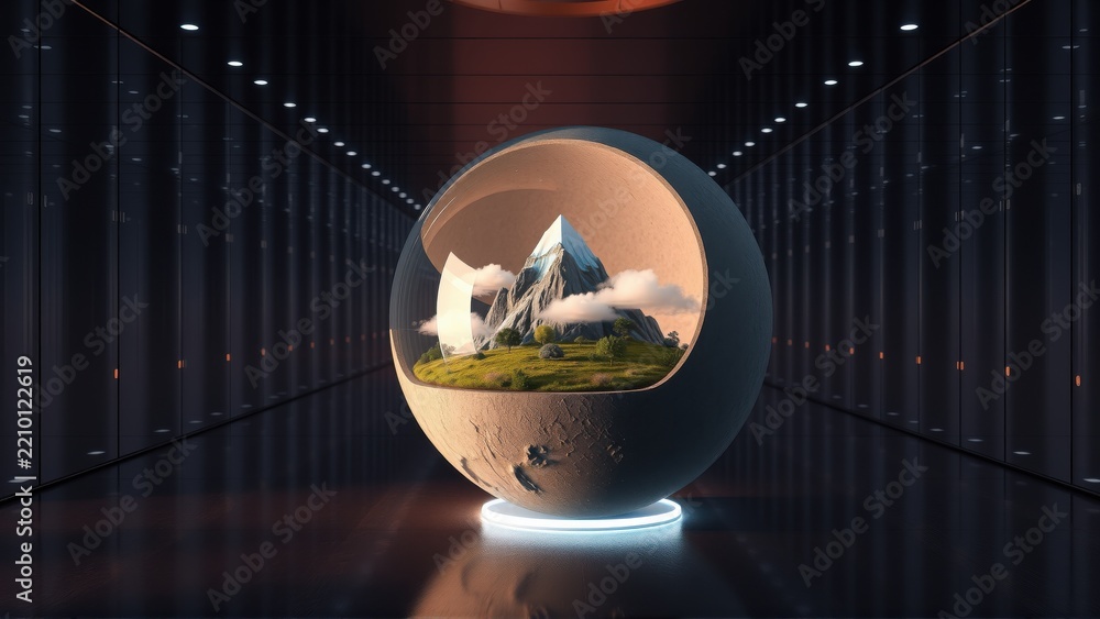 Fototapeta premium Futuristic scene. Globe contains miniature mountains, grass, clouds. Dark room with glowing lines, reflective floor. Dramatic lighting creates depth.