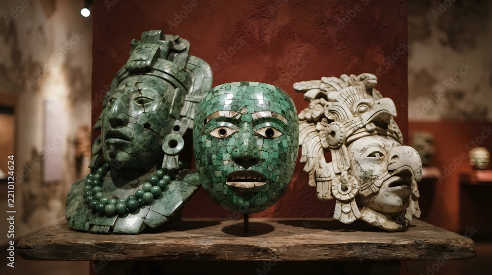 Fototapeta premium Ancient Mayan Jade Masks Displayed in Museum