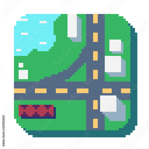 Flat Style Town Map with Water Pond, Pixel Art Icon, Isolated
