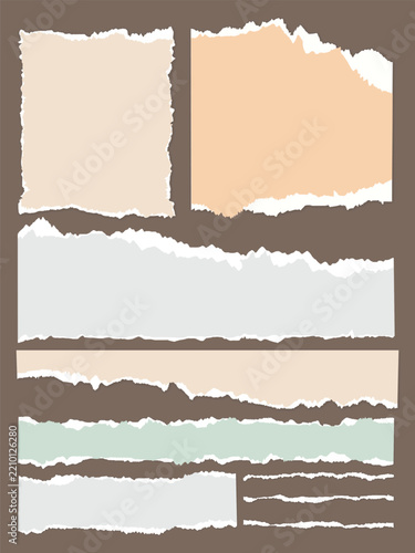Pastel Torn Paper Sheets and Ripped Strips Collection on Brown Background
