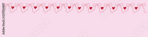 Pink horizontal banner with hand drawn bows and hearts doodle border