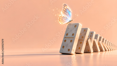 3D glowing neon butterfly effortlessly tipping over a concrete domino