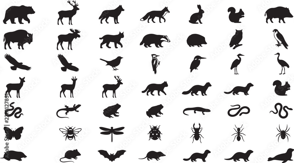 Fototapeta premium Wild animal silhouettes grid collection featuring diverse forest