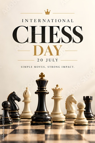 Elegant International Chess Day Celebration with Classic Chess Set and Golden Text on Minimalist Background