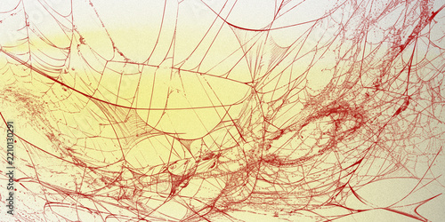 Intricate red spider web illustration, abstract organic fiber network, tangled neural connections background, decorative yellow and terracotta texture