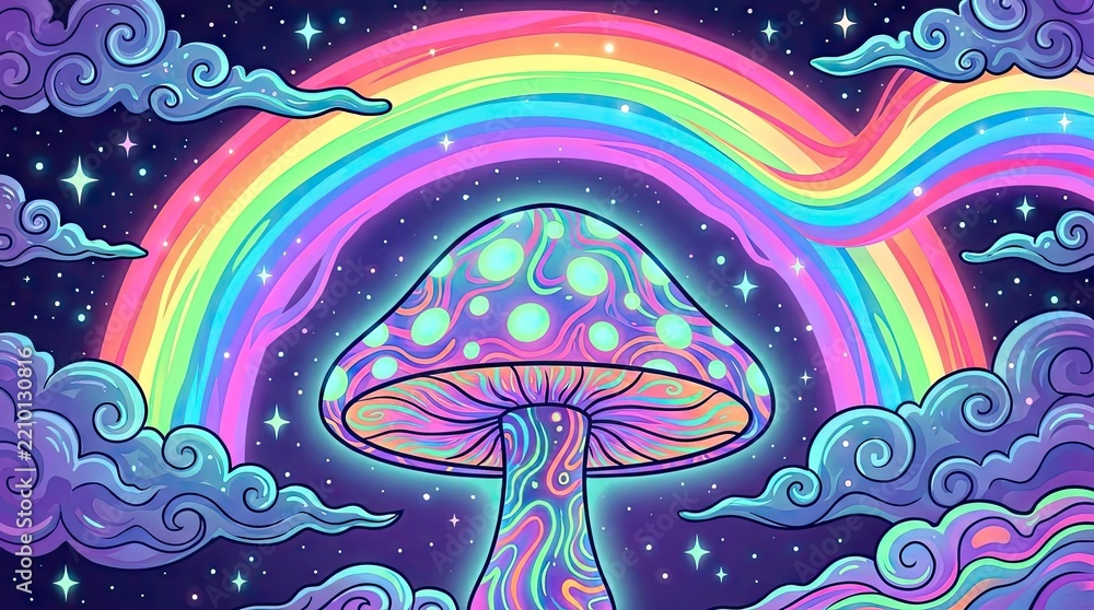 Obraz premium Colorful psychedelic mushroom with rainbow and starry sky.