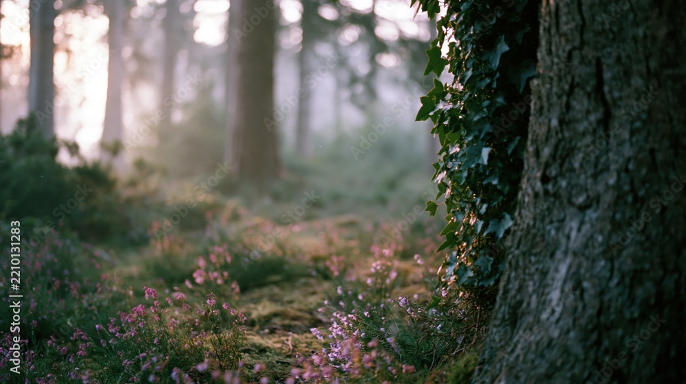 Obraz premium The Forest Path Bathed in Soft Morning Light Among Wildflowers and Ivy