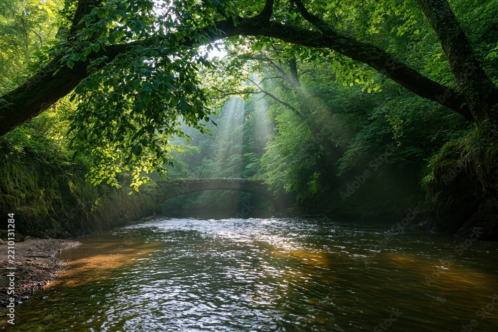Obraz premium The River in a Sunlit Forest with Dappled Light and Tranquil Waters