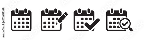 Black calendar icons collection with editing pencil validation checkmark and magnifier search tools.