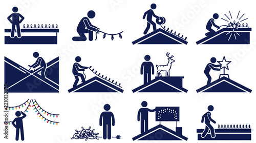 Stick figure icons showing people installing holiday lights on roof
