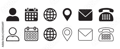 Set of black icons including person, calendar, globe, map pin, envelope and phone.