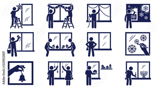Stick figures decorating windows for winter holidays icon set