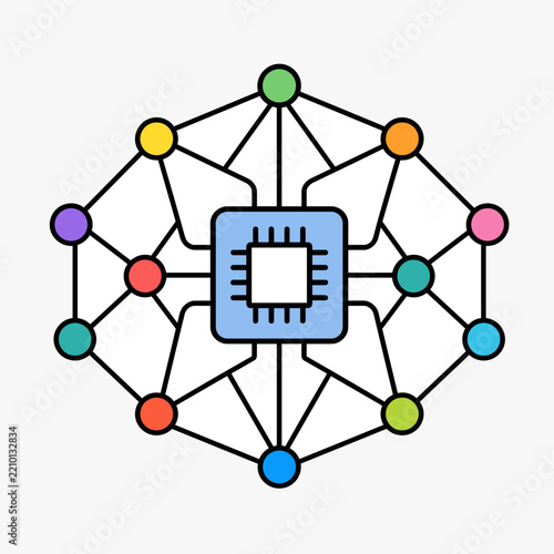 Artificial Intelligence Neural Network Concept with Central Microchip Processor and Connected Nodes