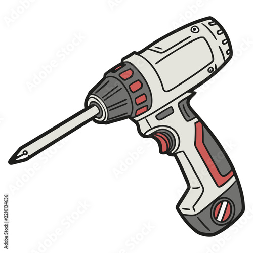 a cordless power drill in white, red, and dark gray with a chuck, a pointed drill bit, and a battery pack at the base, drawn with bold black outlines