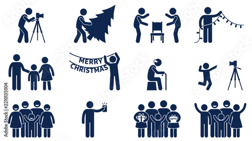 Christmas holiday family activities and celebration pictogram icon set