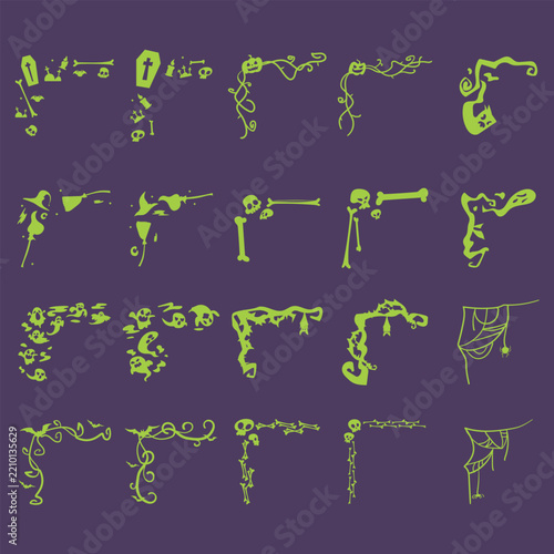 spooky Halloween silhouette frames isolated on white background, vector illustration of scary corner border, ghost, skull, bone, coffin, witch broom, and pumpkin clipart