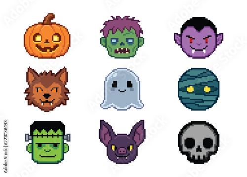 Pixel Art Halloween Monster and Creature Head Icons Set