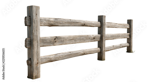 Weathered rustic wooden post and rail fence with three horizontal planks