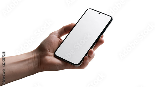 Hand holding a modern smartphone with a blank white screen
