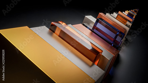 A perspective view of rectangular glass blocks in shades of amber, blue, and white arranged in a diminishing line against a dark background