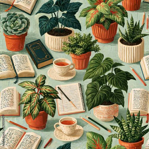 Seamless pattern with potted plants and open books