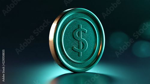 Glowing teal dollar coin sign floating in dark space