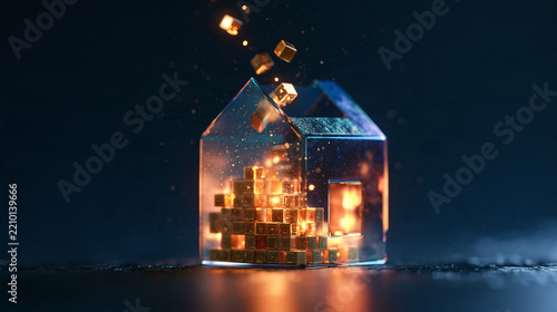 Glass house with glowing golden particles inside at night