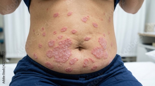 Close up of a persons abdomen showing widespread psoriasis lesions medical skin condition