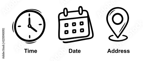 Time, date and address icon set vector. Clock, calendar, location pin marker signs. Stock illustration