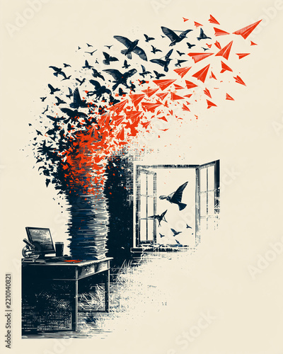 Abstract pixel art of a clock dissolving into flying birds