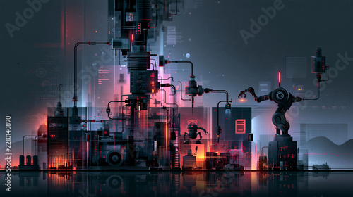 Pixel art factory with robotic arms and glowing lights