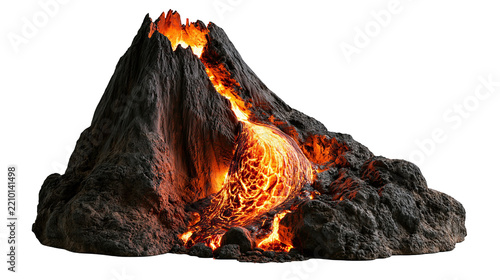 Active volcanic mountain with glowing orange lava flowing down rocky slopes