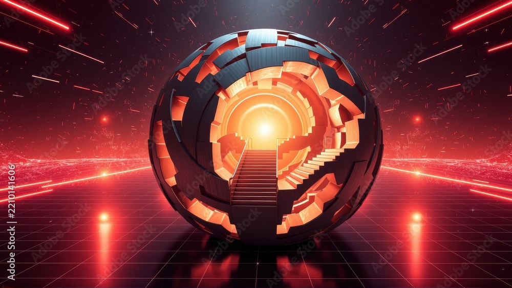 Fototapeta premium Futuristic sphere contains spiral staircase. Bright light emanates from interior, surrounded by red neon lines, dark background.