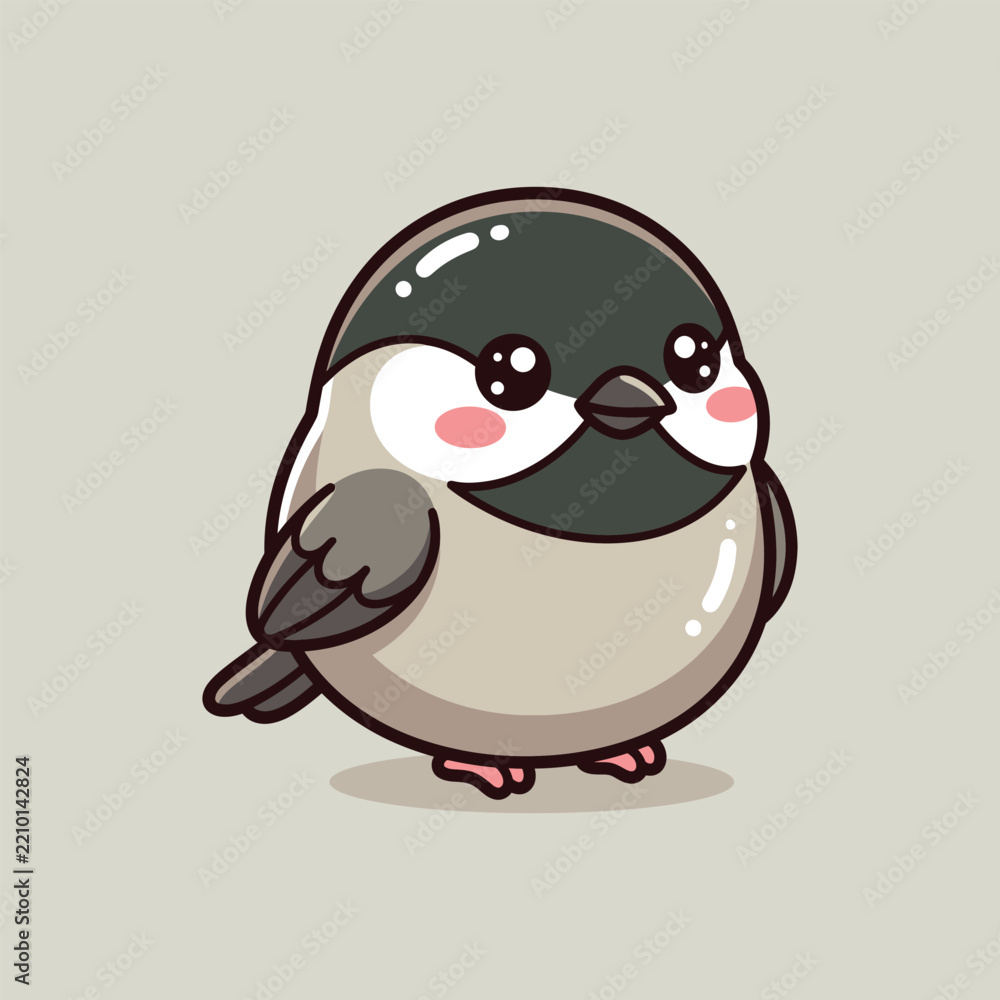 Obraz premium Cute kawaii chubby chickadee bird with black cap, cartoon vector illustration