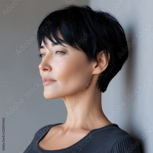 Woman short black hair expressionless side profile natural light smooth skin casual clothing indoor
