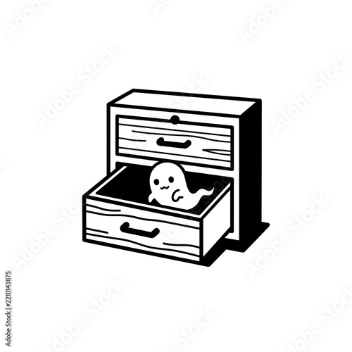 Ghost peeking out from an open wooden drawer