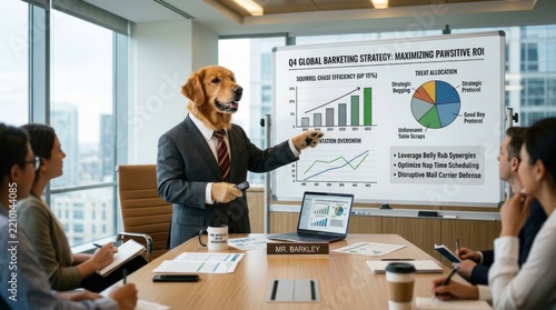 A Golden Retriever dog wearing a business suit giving a professional corporate marketing presentation in a modern office boardroom meeting.