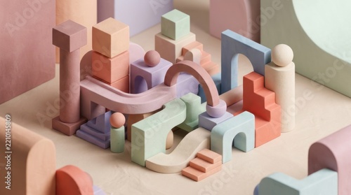 Abstract composition with pastel geometric shapes and architectural elements.