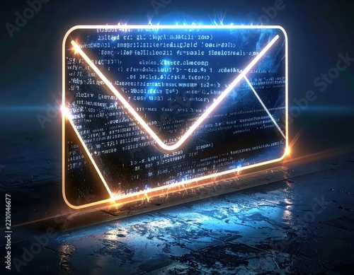 Futuristic Email Icon with Neon Glow and Code Elements on Dark Background