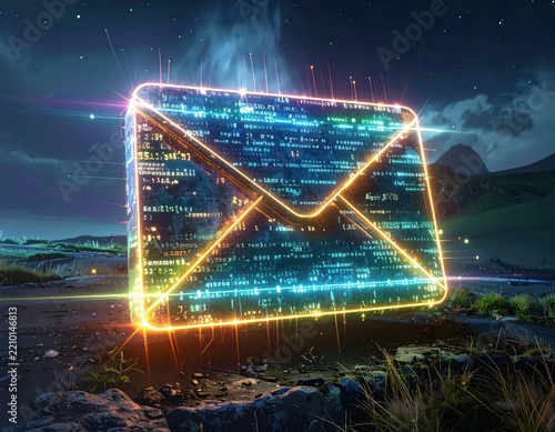 Digital Mailbox Representation with Neon Lights and Code Elements in a Landscape Setting