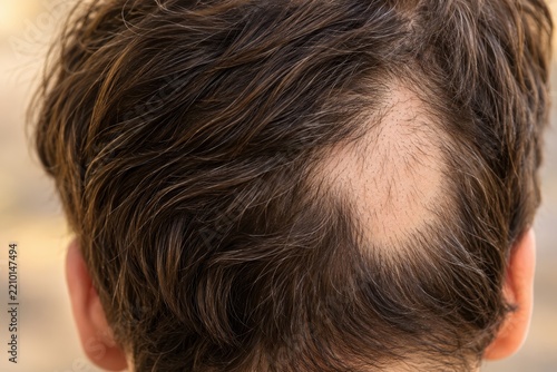 the scalp shows a bald patch from alopecia areata in closeup