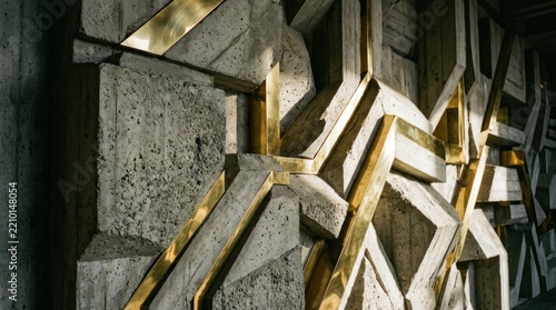 Abstract architectural wall sculpture with geometric concrete and metallic gold panels.