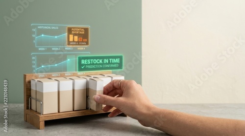 Retail demand forecasting visualized through a realistic miniature store shelf with hand adjusting products