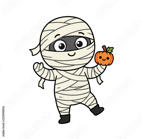 Cute Mummy Holding Pumpkin Halloween Cartoon Illustration