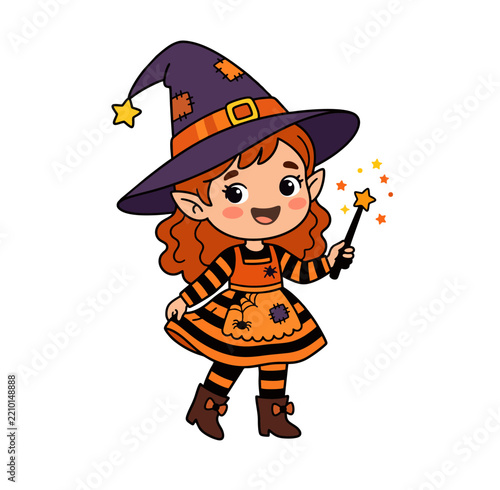 Cute Halloween Witch Girl with Pumpkin Cartoon Illustration