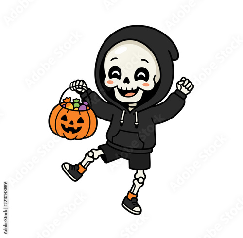 Cute Skeleton Character Holding Pumpkin Halloween Cartoon Illustration