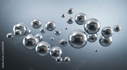 Abstract composition of floating metallic chrome spheres.
