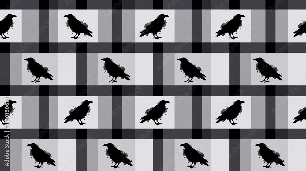 Obraz premium Gothic Raven Silhouette on Black and Grey Plaid Seamless Pattern
