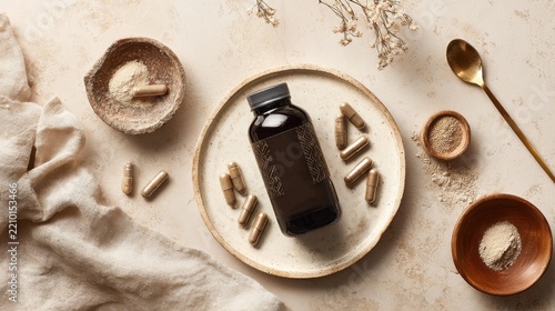Natural health supplements in capsules and powder form with a dark glass bottle. A flat lay composition featuring health capsules, powders in small bowls, and a dark glass bottle on textured surface