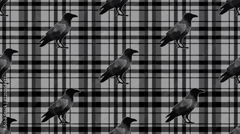 Obraz premium Seamless monochrome plaid pattern with spooky black raven silhouettes